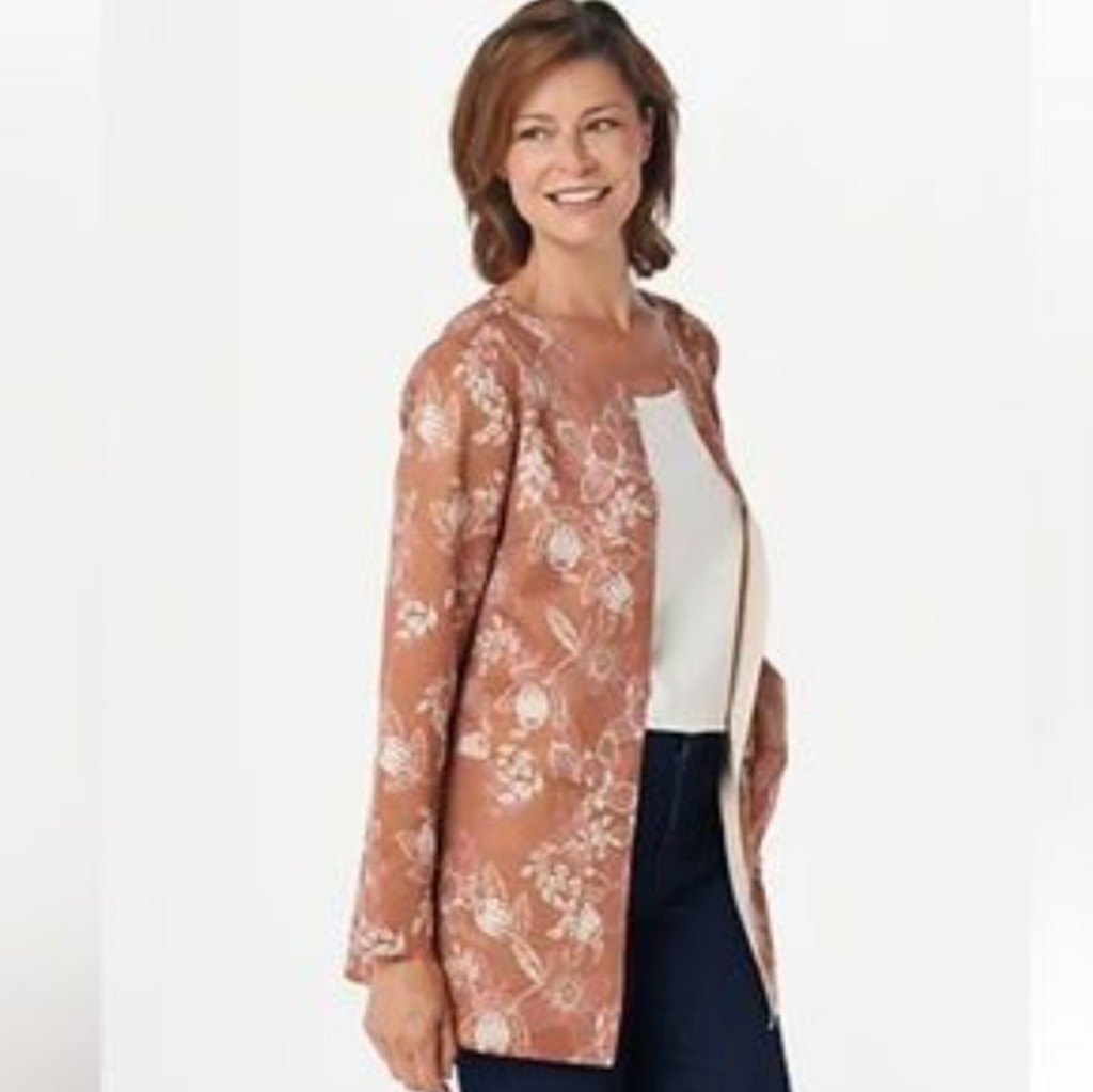 Denim & Co Natural Printed Faux Suede Open Autumn Jacket Nwot Size M